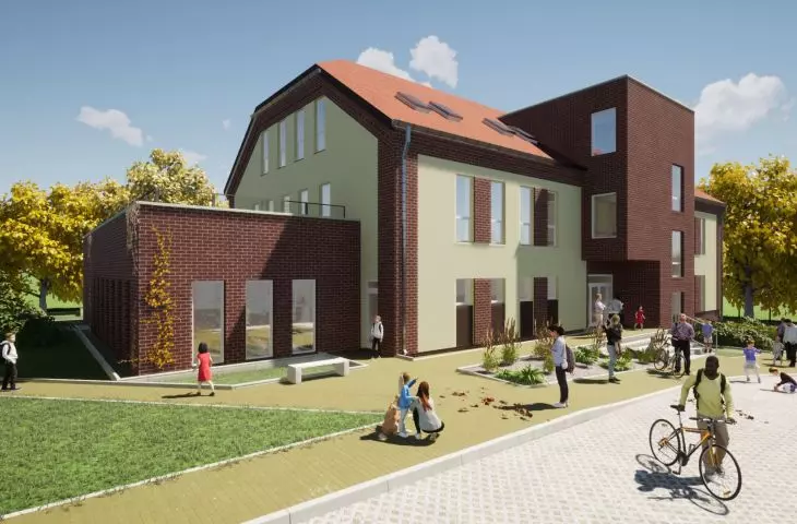 The new kindergarten building will have a multi-pitched roof, covered with ceramic tiles