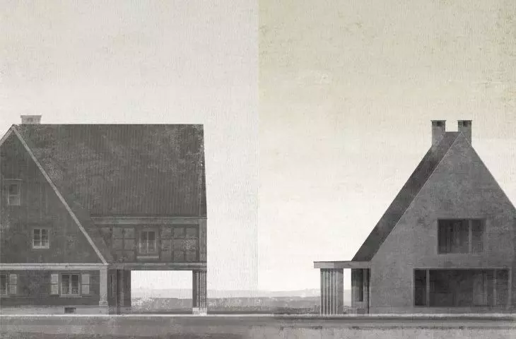 zestawienie sylwet domów podcieniowych, historyczny i projektowany