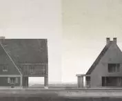 zestawienie sylwet domów podcieniowych, historyczny i projektowany