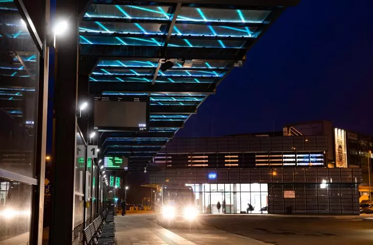 Photovoltaic canopy with engraving, with integrated lighting and self-snowing system, Rzeszow Local Station