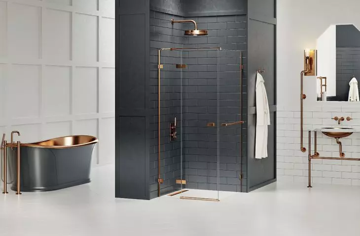 Shower enclosure with railing rack from Avexa Copper Brushed collection