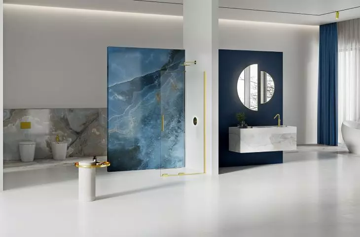 Walk-in shower cabin with sliding glass from the Smart Light Gold collection