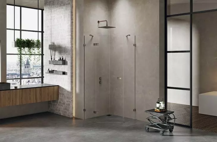 Pentagonal shower enclosure from the Avexa Gunmetal Brushed collection