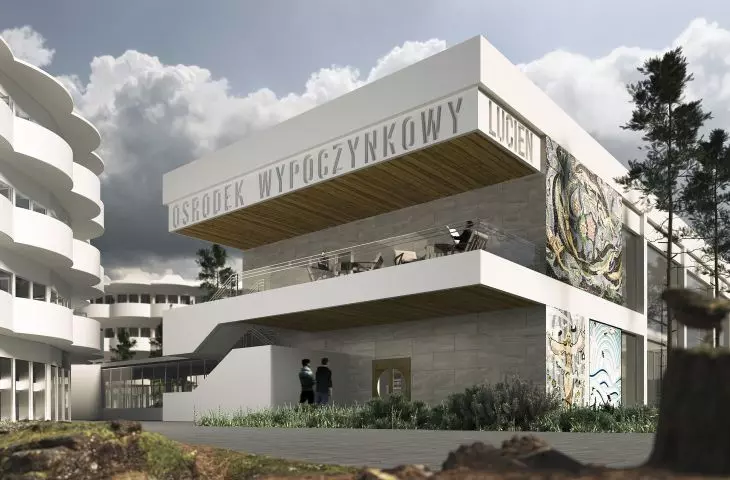 Ośrodek Wypoczynkowy „Lucień” na nowo, wejście główne z mozaiką
