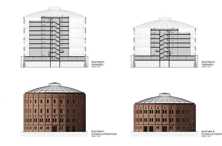 Projekt adaptacji budynków zbiorników gazu na Woli, rzut