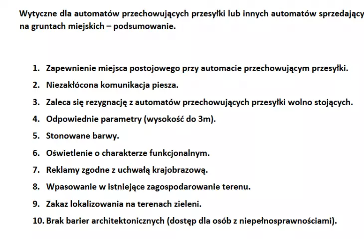 Miejskie wytyczne regulujące kwestie paczkomatów - fragment dokumentu