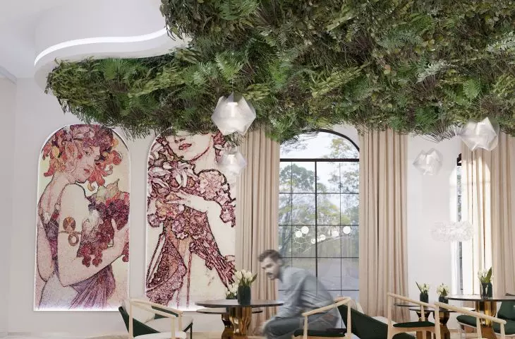 Restaurant area with green garden on the ceiling