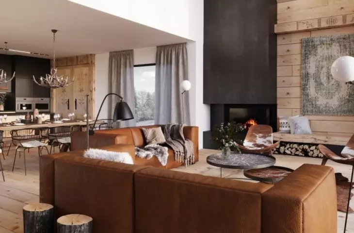 Chalet style interior must include a fireplace