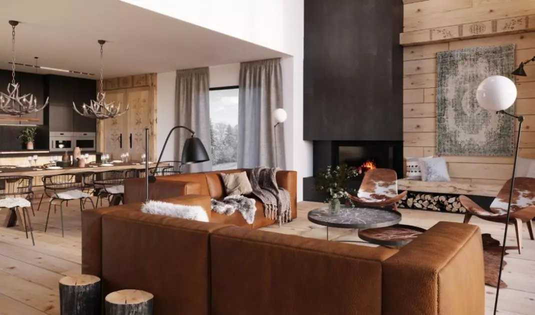 Chalet style interior must include a fireplace