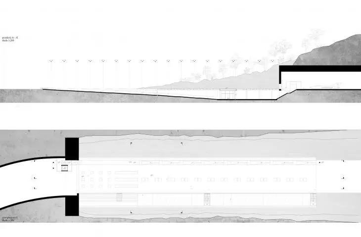 Roof plan of the shelter and longitudinal section