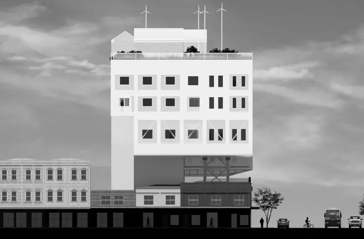 Design of residential and commercial building, elevation, side