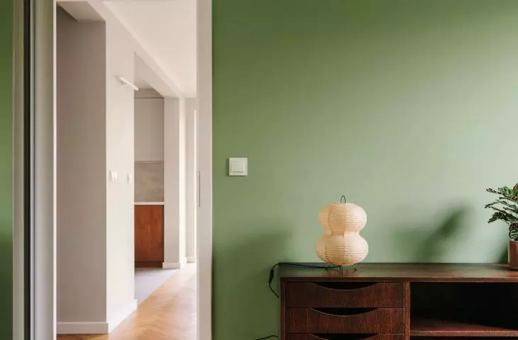 The guest room features a green wall