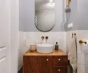 Interior of bathroom with corsets on the floor