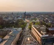 The post office building in the landscape of Krakow