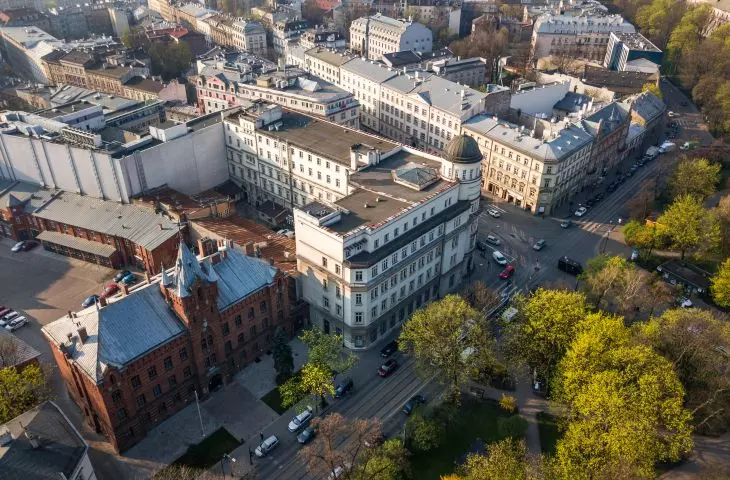 Aerial view of the building today