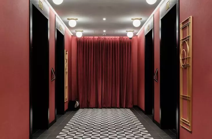 Corridor with distinctive black and white flooring