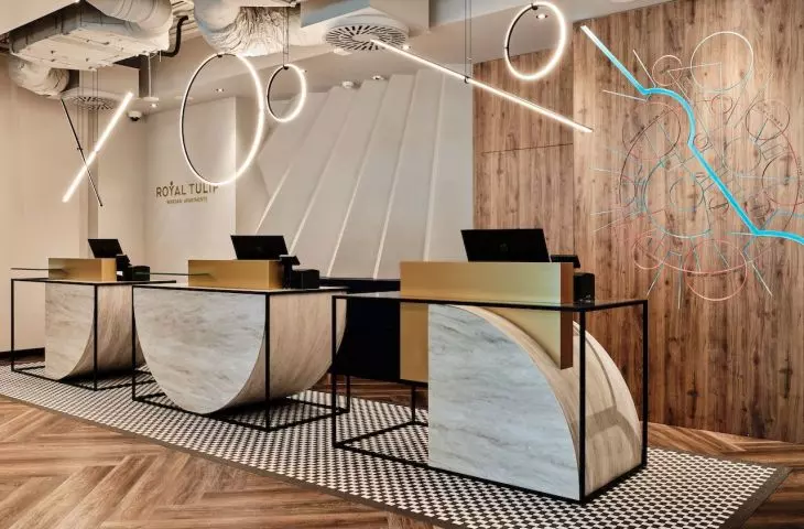 Reception space, on the wall a map of Warsaw