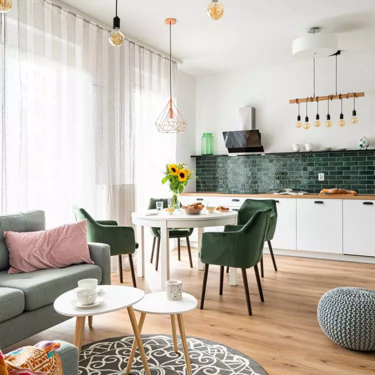 Combination of kitchen, dining room and living room