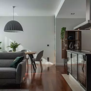 The theme of the interior is a combination of wood and stone 