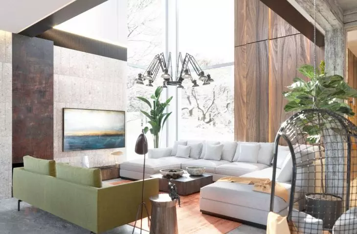 Living room with olive sofa