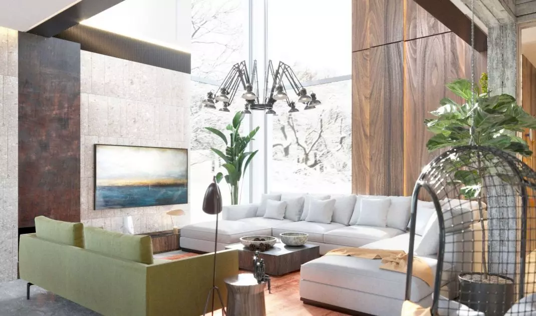 Living room with olive sofa
