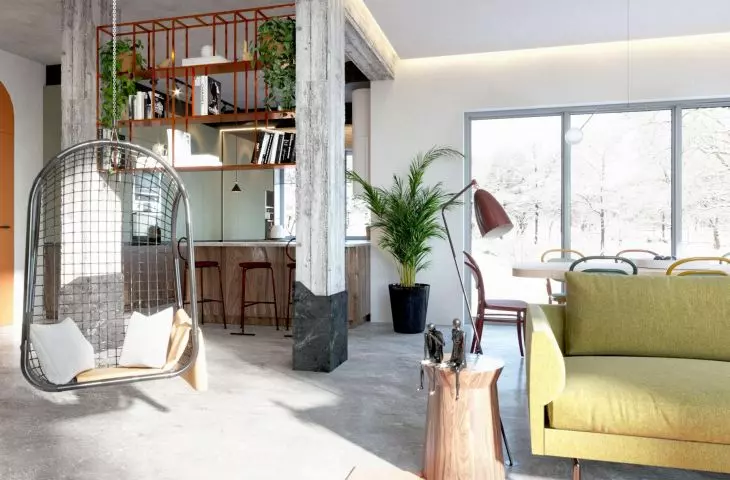 In the living room there is a rattan swing