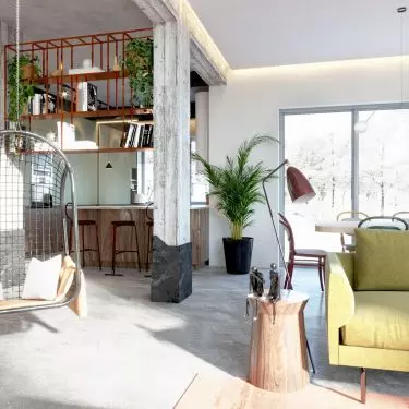 In the living room there is a rattan swing