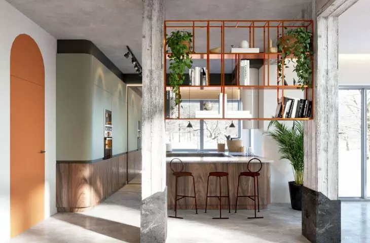 In the kitchen you will find a combination of American walnut and warm green