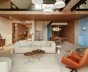 The background of the space is light wood and subtle colors - warm shades of beige on one side and blue on the other