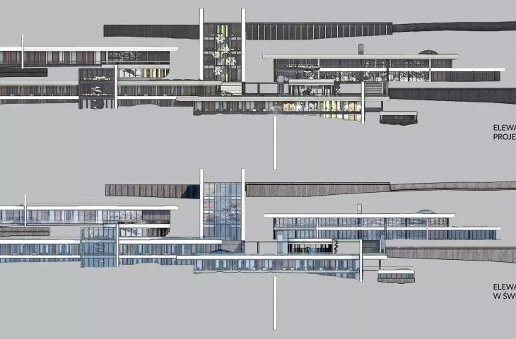Projekt Centrum badań, elewacja w ciągu dnia i w nocy