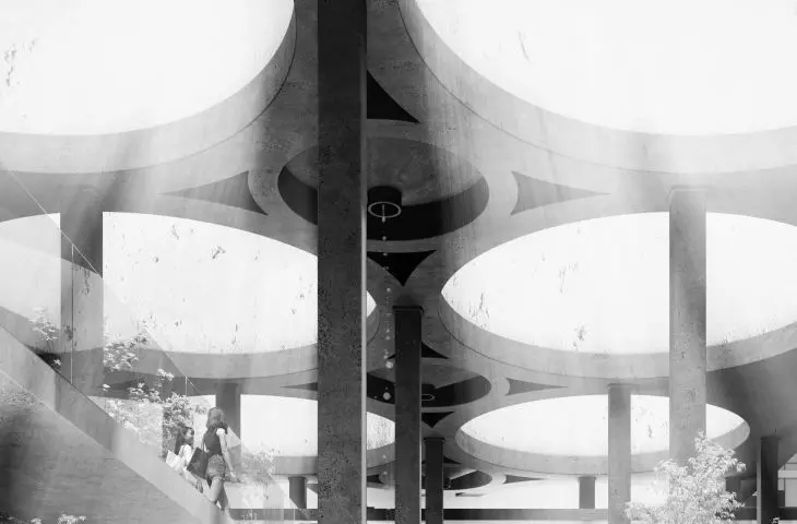 Colonnade and main entrance to the Center
