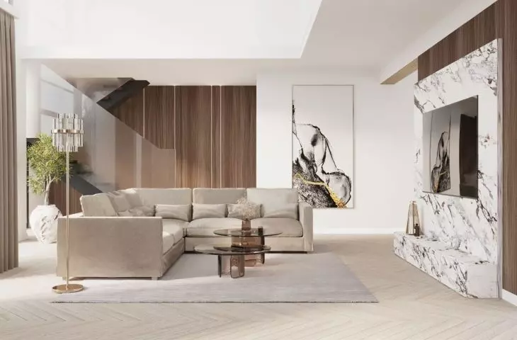 In the living room you will find a lot of marble 