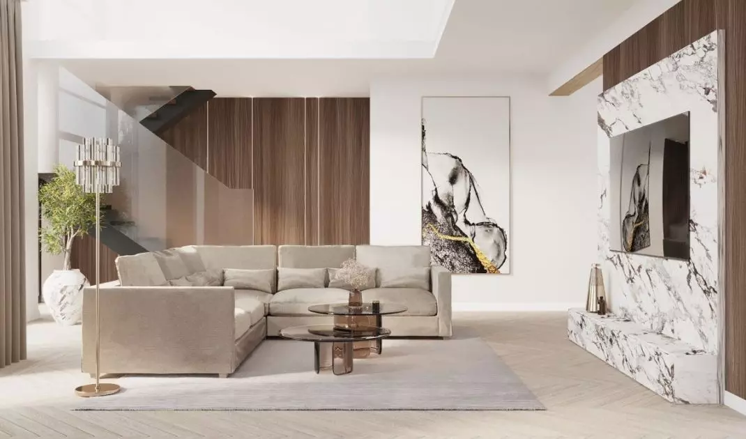 In the living room you will find a lot of marble 
