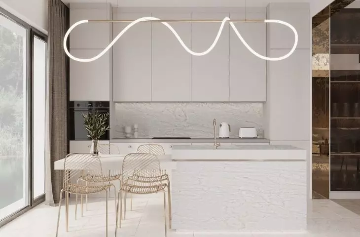 The kitchen stands out with an interesting lamp