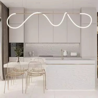 The kitchen stands out with an interesting lamp