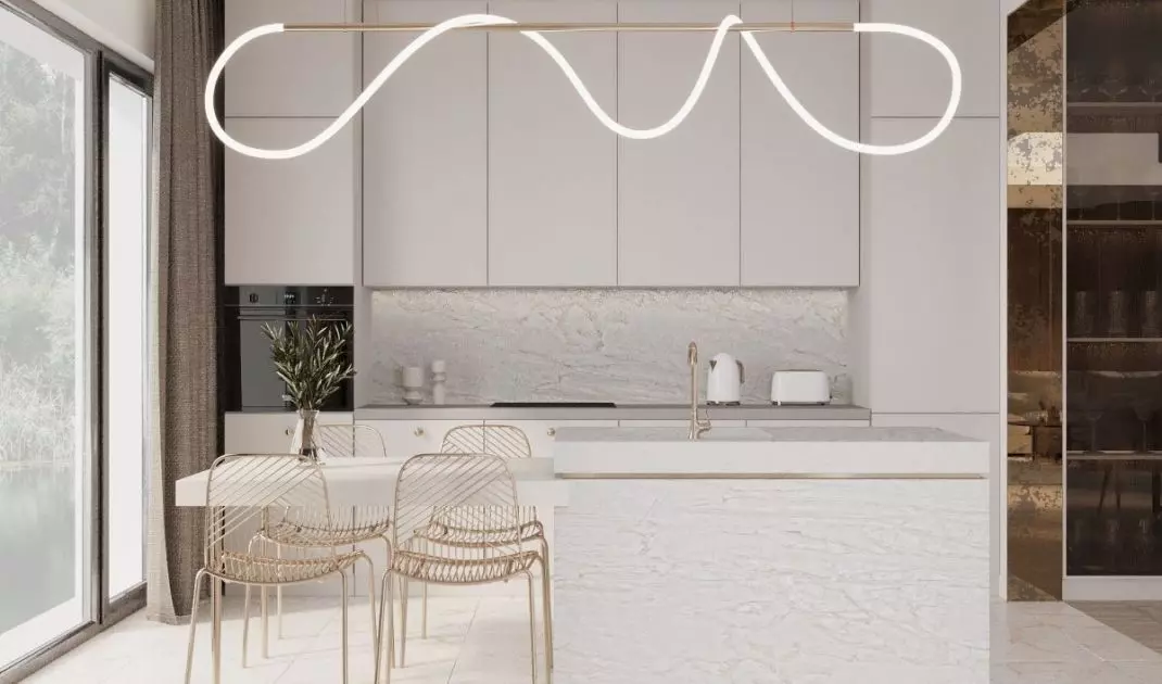 The kitchen stands out with an interesting lamp