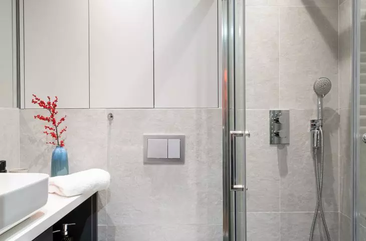 The bathroom included storage space 