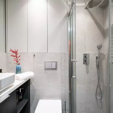 The bathroom included storage space 