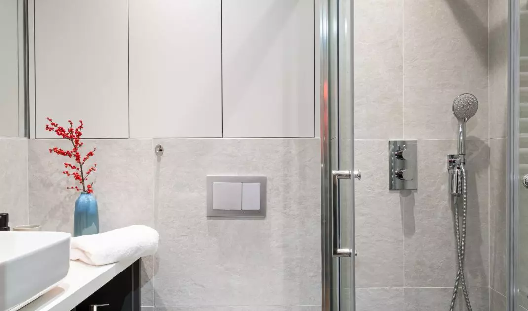 The bathroom included storage space 