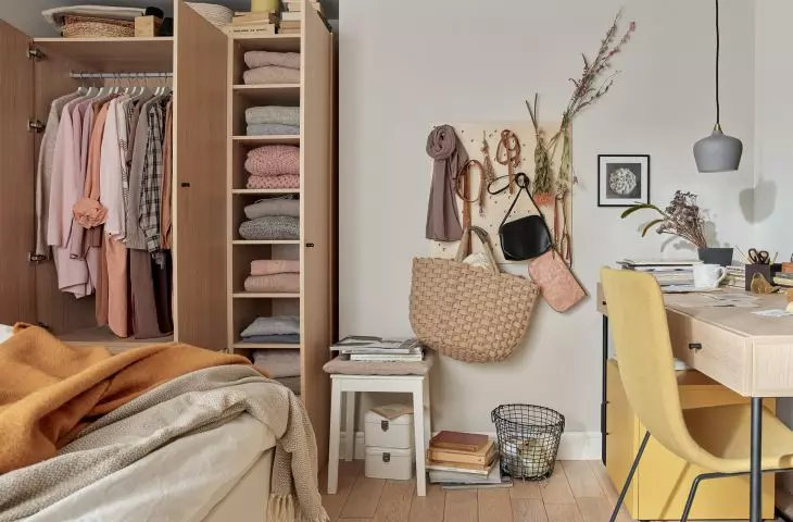 Creative 3-door closet and desk pedestal in light oak. VOX.