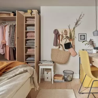 Creative 3-door closet and desk pedestal in light oak. VOX.