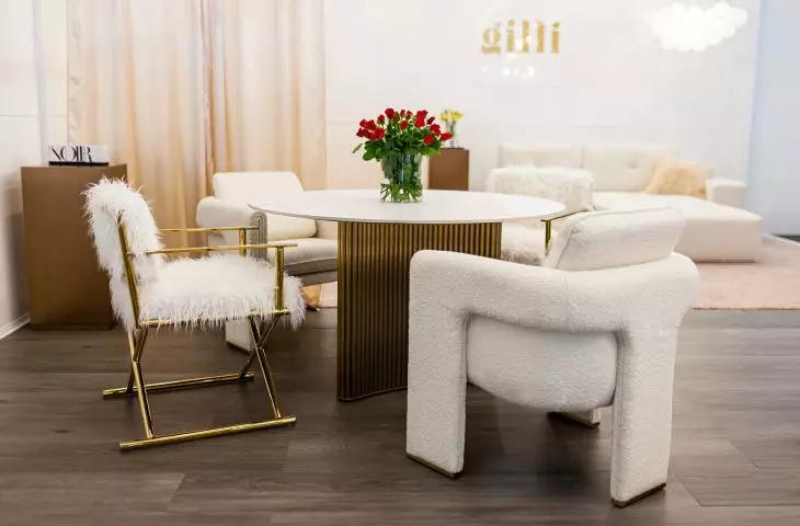 Luzon armchairs together with Faroe chairs are perfect for a glamour dining room