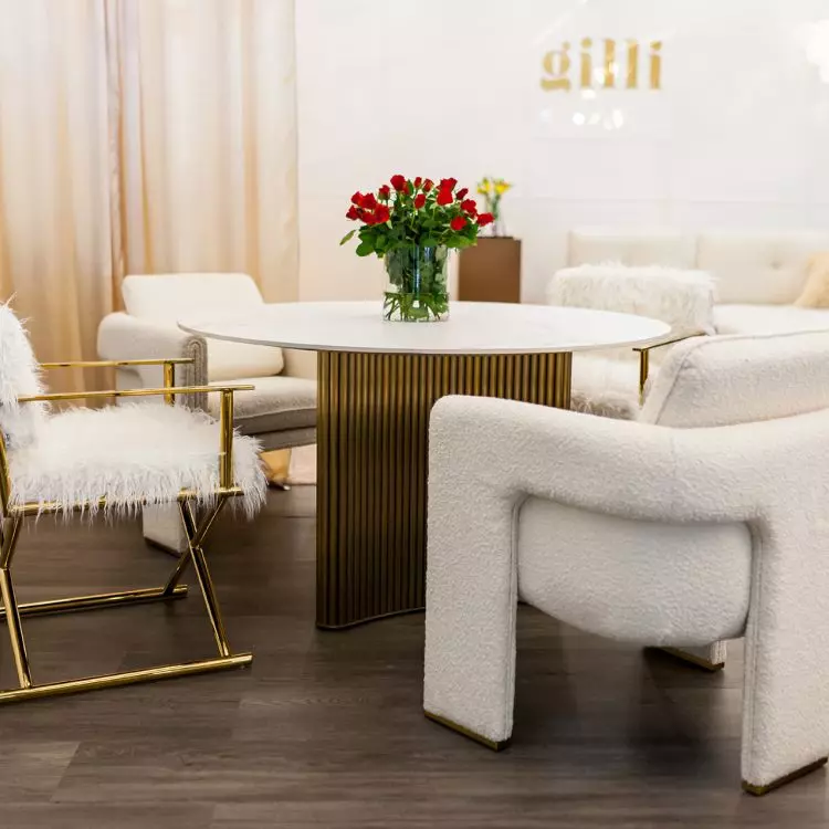 Luzon armchairs together with Faroe chairs are perfect for a glamour dining room