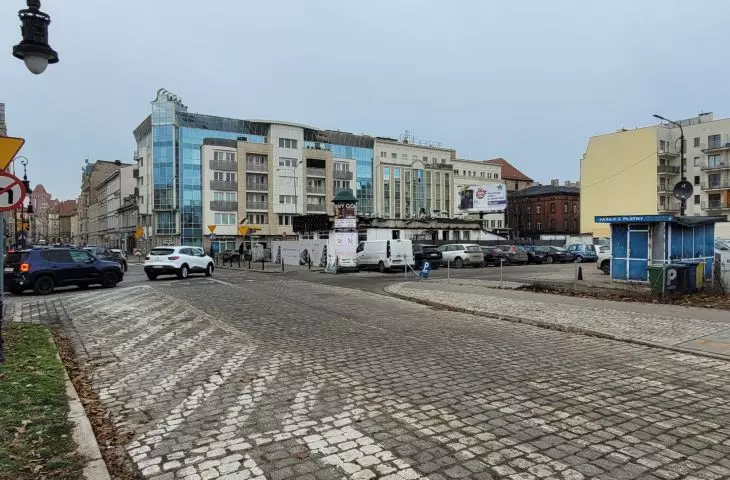 View of the site for the apartment building from the Intermodern Square