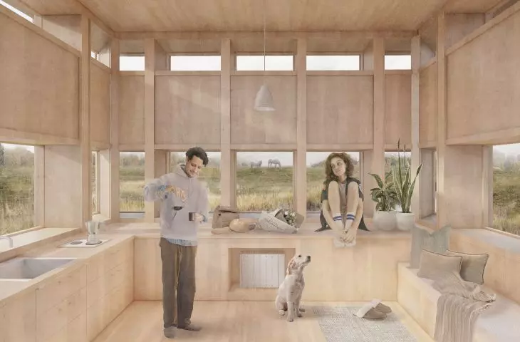 The house was made of modular wooden boxes filled with soil