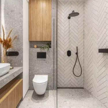 Light wood combines with gray tiles
