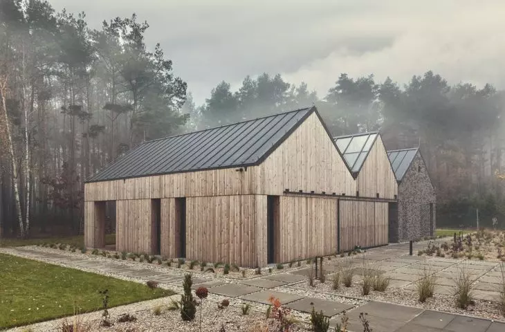 The house is formed by compact blocks with gabled roofs