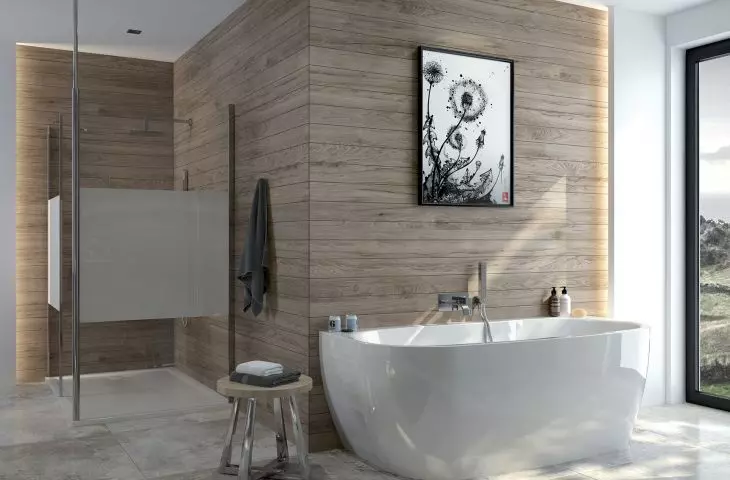 Wanna kompletna przyścienna serii LUXO typ WSPse-kplmb/ LUXO i kabina prysznicowa narożna zbudowana z dwóch kabin Walk-In serii PRESTIGE typ P/PRIII