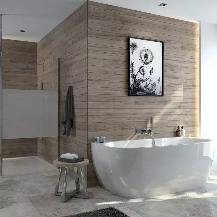 A complete wall-mounted bathtub of the LUXO series type WSPse-kplmb/ LUXO and a corner shower cabin built from two walk-in cabins of the PRESTIGE series type P/PRIII