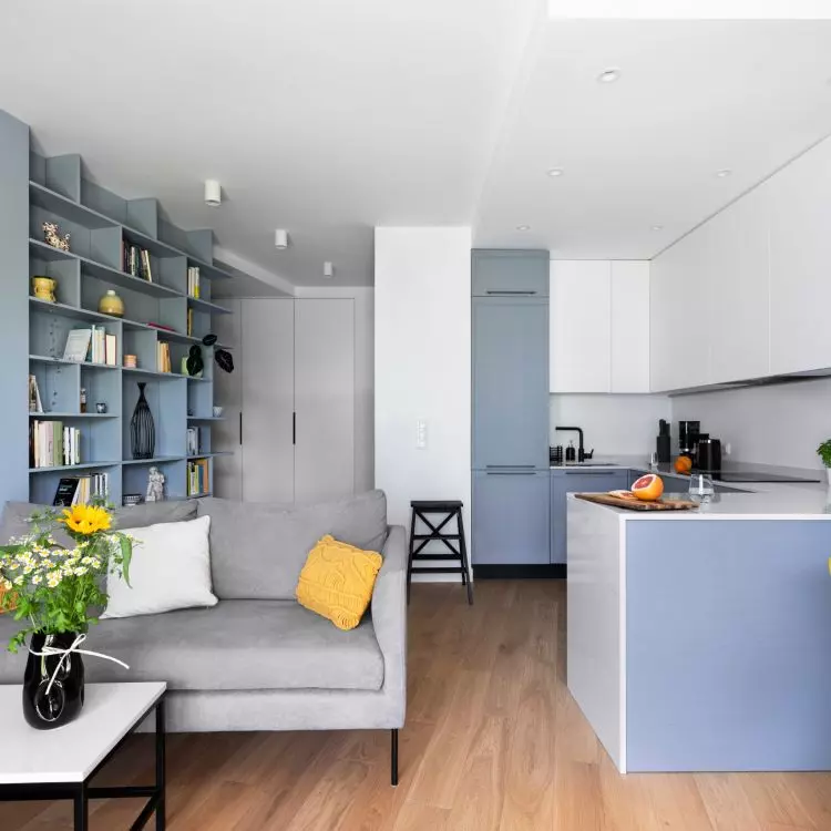 The living area combines the kitchen, dining area and living room